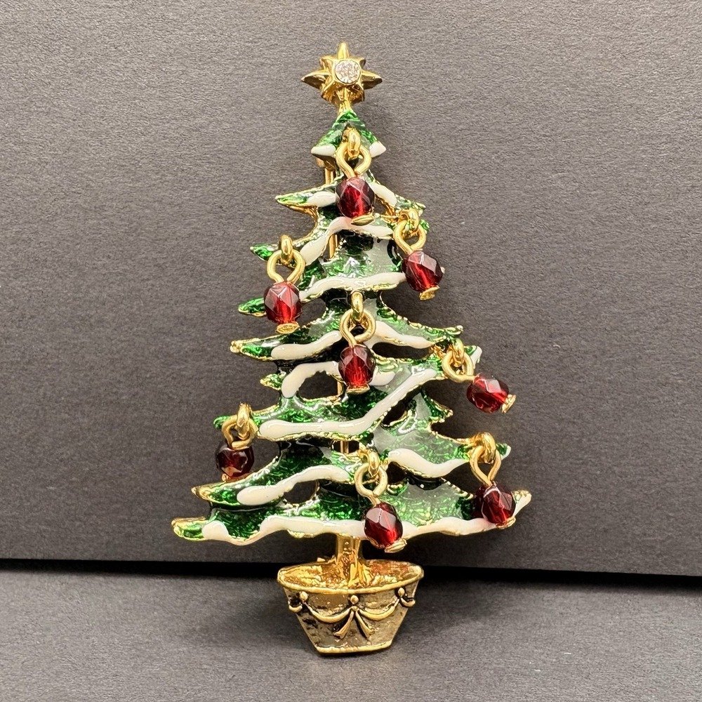 Vintage Avon Christmas‎ Tree Brooch Red Dangle Ornaments Green Enamel Gold Tone